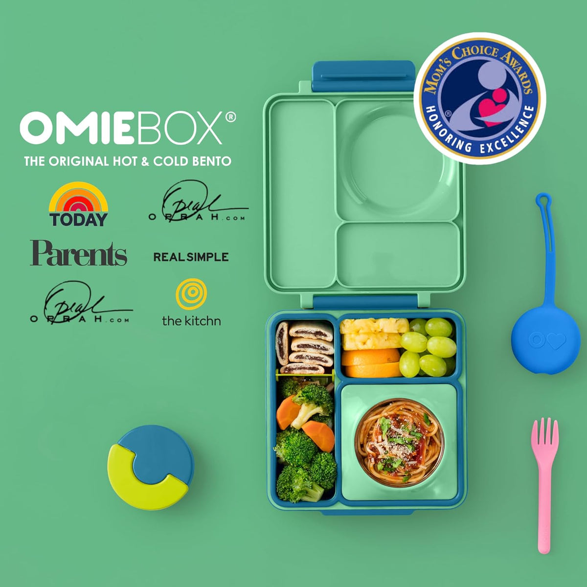 OmieBox Bento Box for Kids - Insulated Bento Lunch Box with Leak Proof Thermos Food Jar - 3 Compartments, Two Temperature Zones - (Meadow)