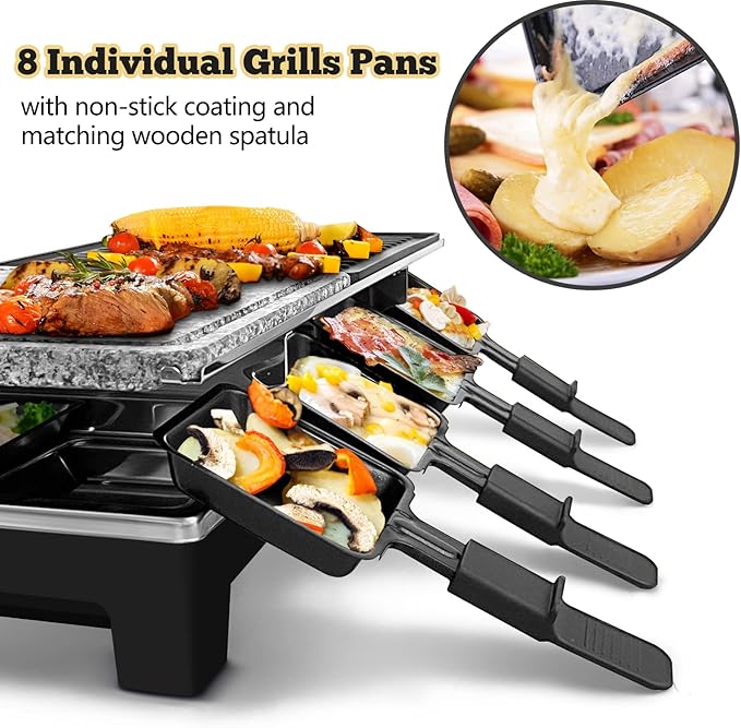 Raclette Table Grill, CUSIMAX Indoor Grill Electric Grill, Portable Korean BBQ Grill with 2 in 1 Reversible Non-stick Plate & Natural Grill Stone, 8 Raclette Pans 8 Wooden Spatulas for Family Fun
