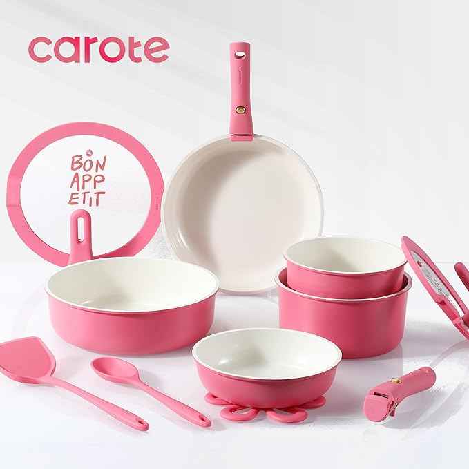 CAROTE 18Pcs Ceramic Cookware Set with Detachable Handle, Pots and Pans Set Non Stick, Non Toxic Kitchen Cooking Sets with Stand-Up Lid, PFAS and PFOA Free, Oven Safe, Induction Ready, Pink