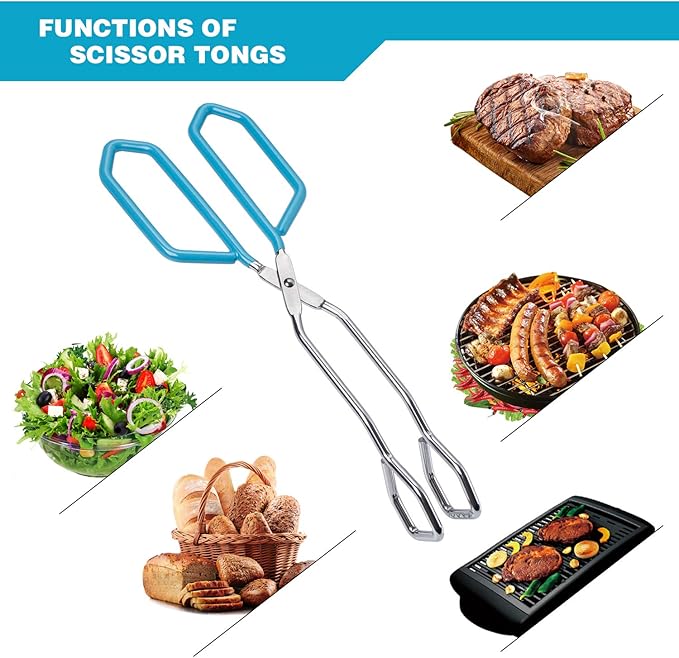 MSY BIGSUNNY Stainless Steel Scissor Tongs Heavy Duty Cooking Tongs with Soft Handles (2, blue 11" + 11")