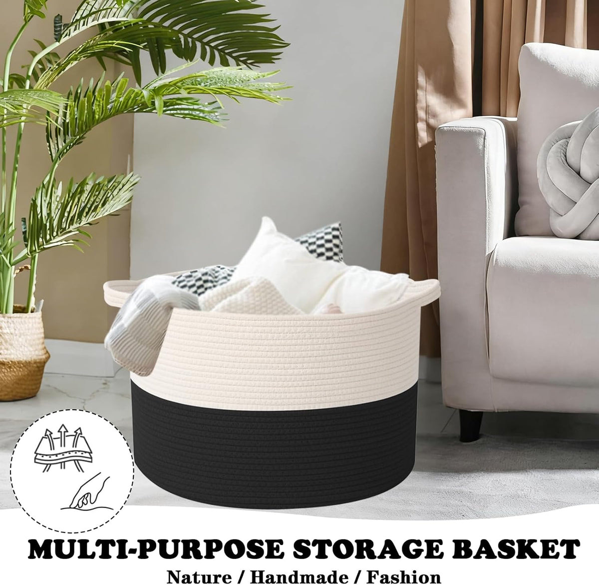 Large Blanket Basket for Organizing,65L Closet Organizers and Storage Bins Box for Shelves Woven Rope Storage Baskets,Living Room,Bedroom,Dorm,Laundry room (White&Black)