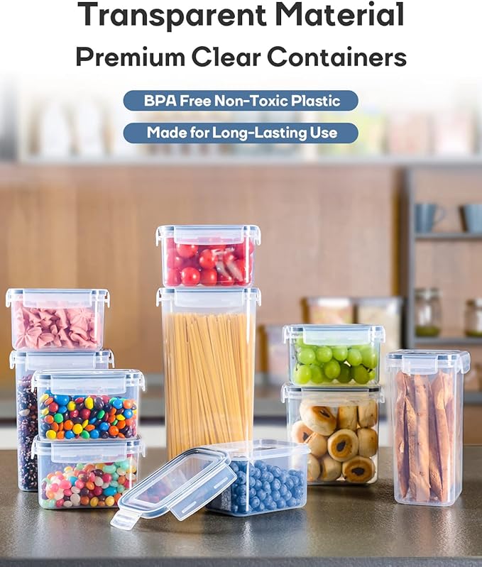 Airtight Food Storage Containers with Lids, Clear Pantry Canister Set for Kitchen Organization, Stackable Organizers for Food, BPA Free Plastic 14-Pack with Different Sizes Dark Gray