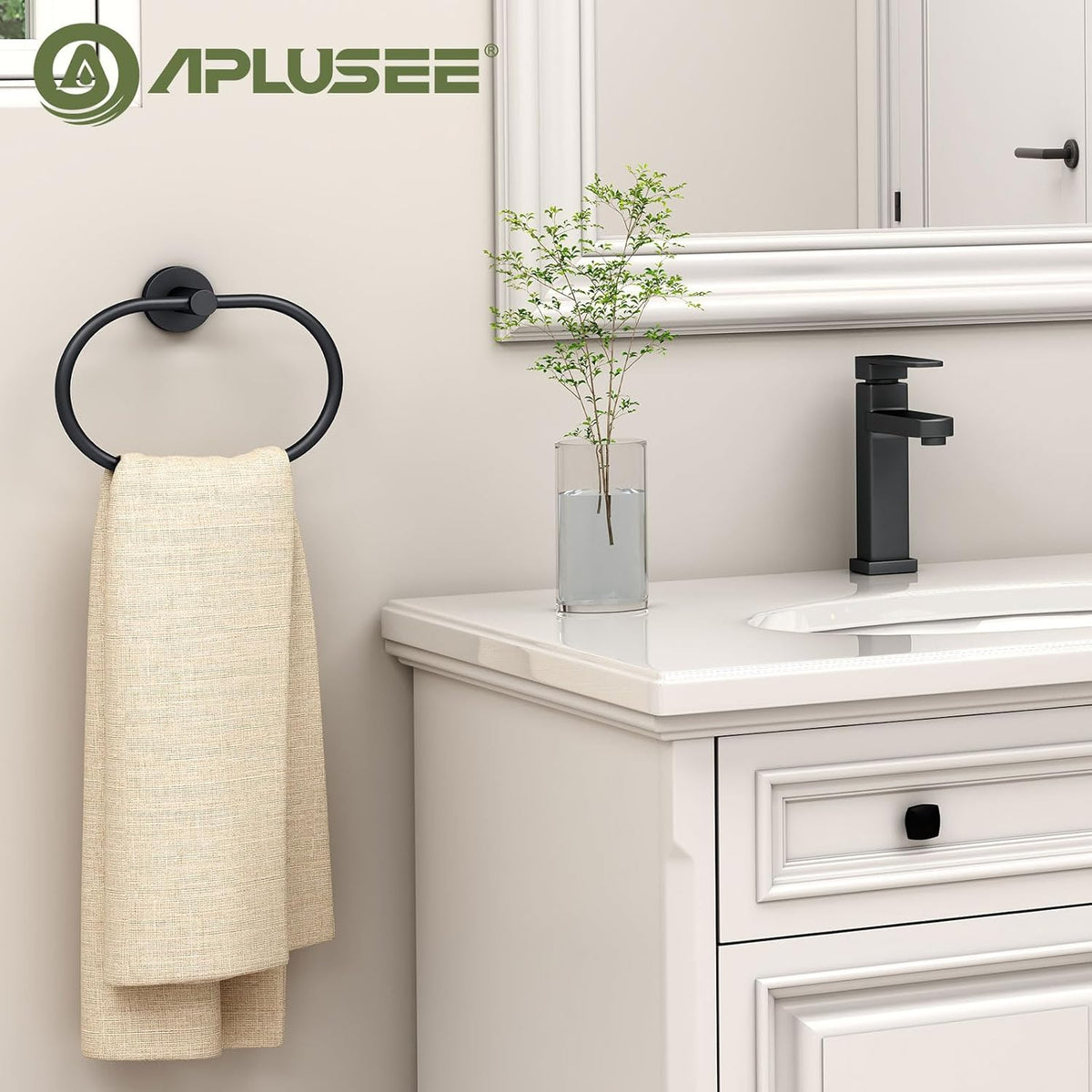 APLusee Matte Black Towel Ring, Stainless Steel Oval Hand Towel Holder for Bathroom Kitchen, Wall Mounted