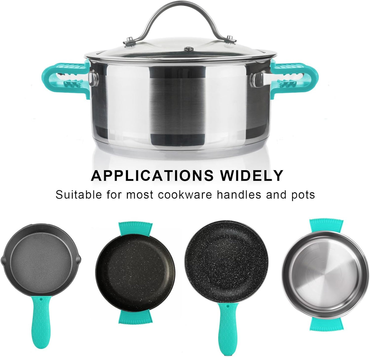 4 Pcs Non-Slip Silicone Hot Handle Holder & Assist Grips, Potholder for Cast Iron Skillets, Heat Resistant Handle Cover Sleeve for Frying Pans, Casserole, Cookware Handles, Lake Blue