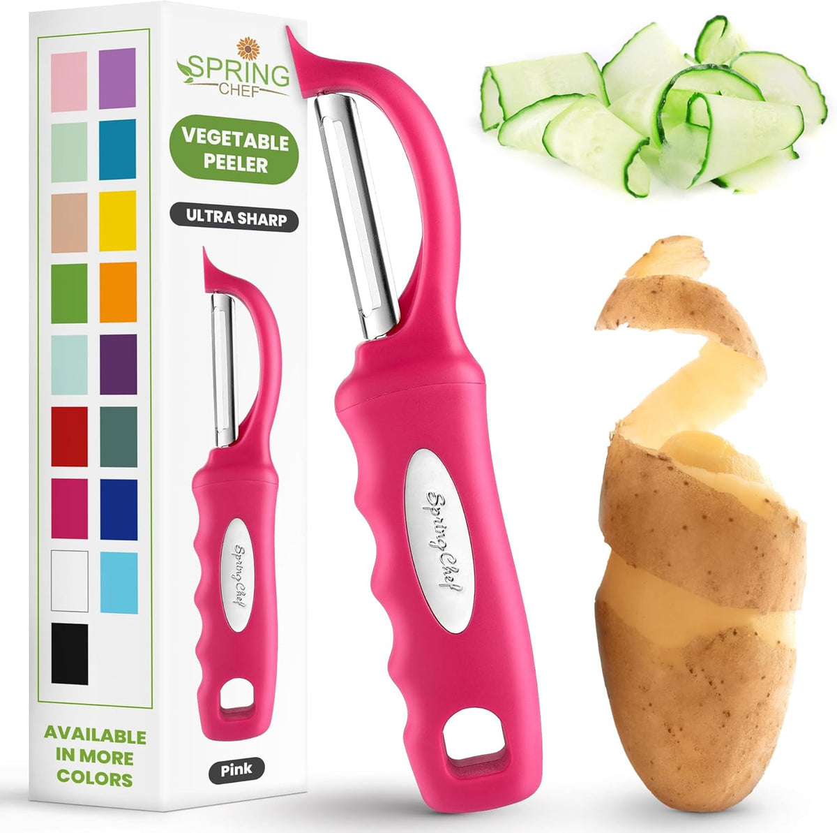 Spring Chef Premium Stainless Steel Vegetable Peeler for Kitchen, Dishwasher Safe Apple Peeler with Non-Slip Handle & Sharp Blades, Peel Potato, Fruit, Veggie, Carrot, Mango, Cucumber - Pink