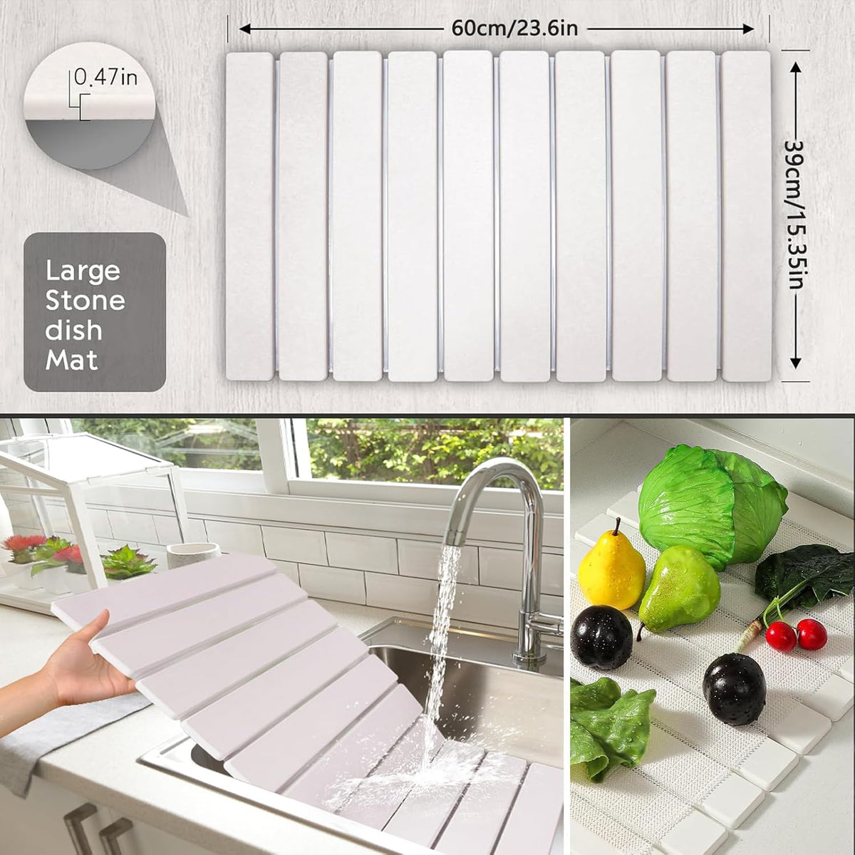 Stone Drying Mat for Kitchen Counter, Stone Dish Drying Mat Foldable, Super Absorbent Diatomaceous Earth Quick-drying Draining Mat for any Kitchen Countertop (White B, 23.6”x15.4”)