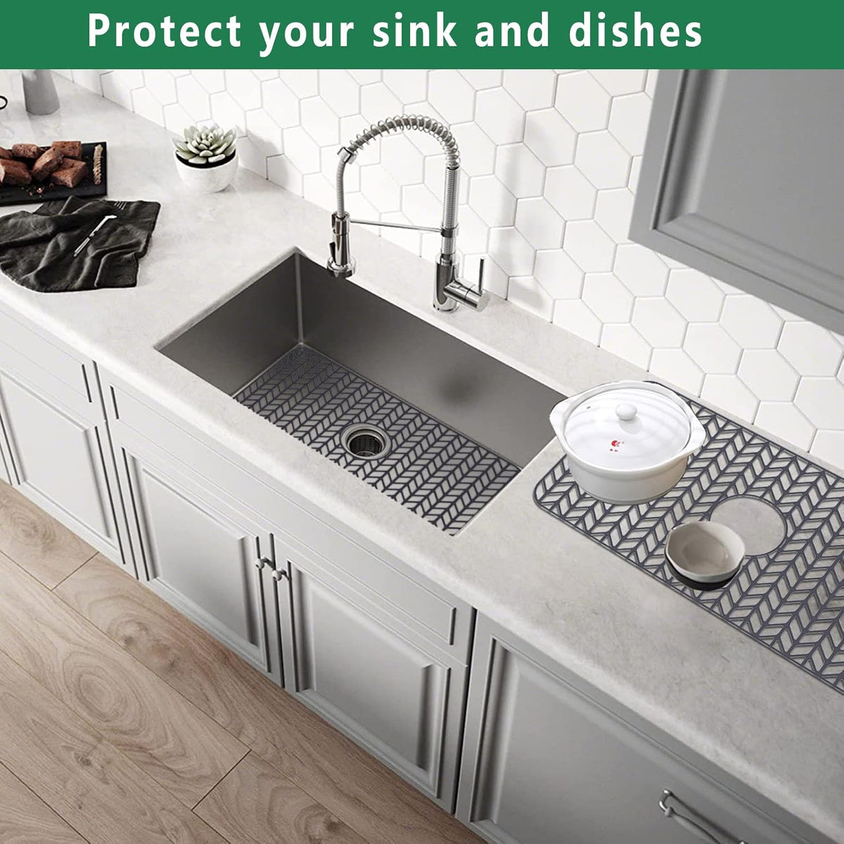 Silicone Protectors for Kitchen Sink, GUUKIN 26''x 14'' Sink Mat Grid for Bottom of Farmhouse Stainless Steel Porcelain with Center Drain (Grey)