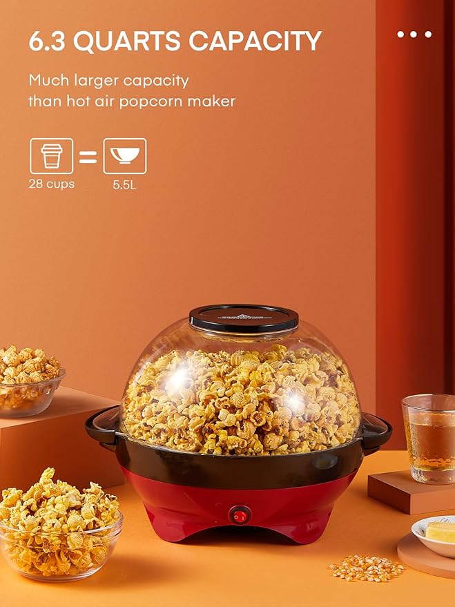 HOUSNAT Popcorn Machine, 28 Cup Popcorn Maker, 800w Electric Stirring Popcorn Popper with Quick-Heat Technology,Removable Non-Stick Surface,Cool Touch Handles,Thicken Transparent Cover,2 Measuring Cap