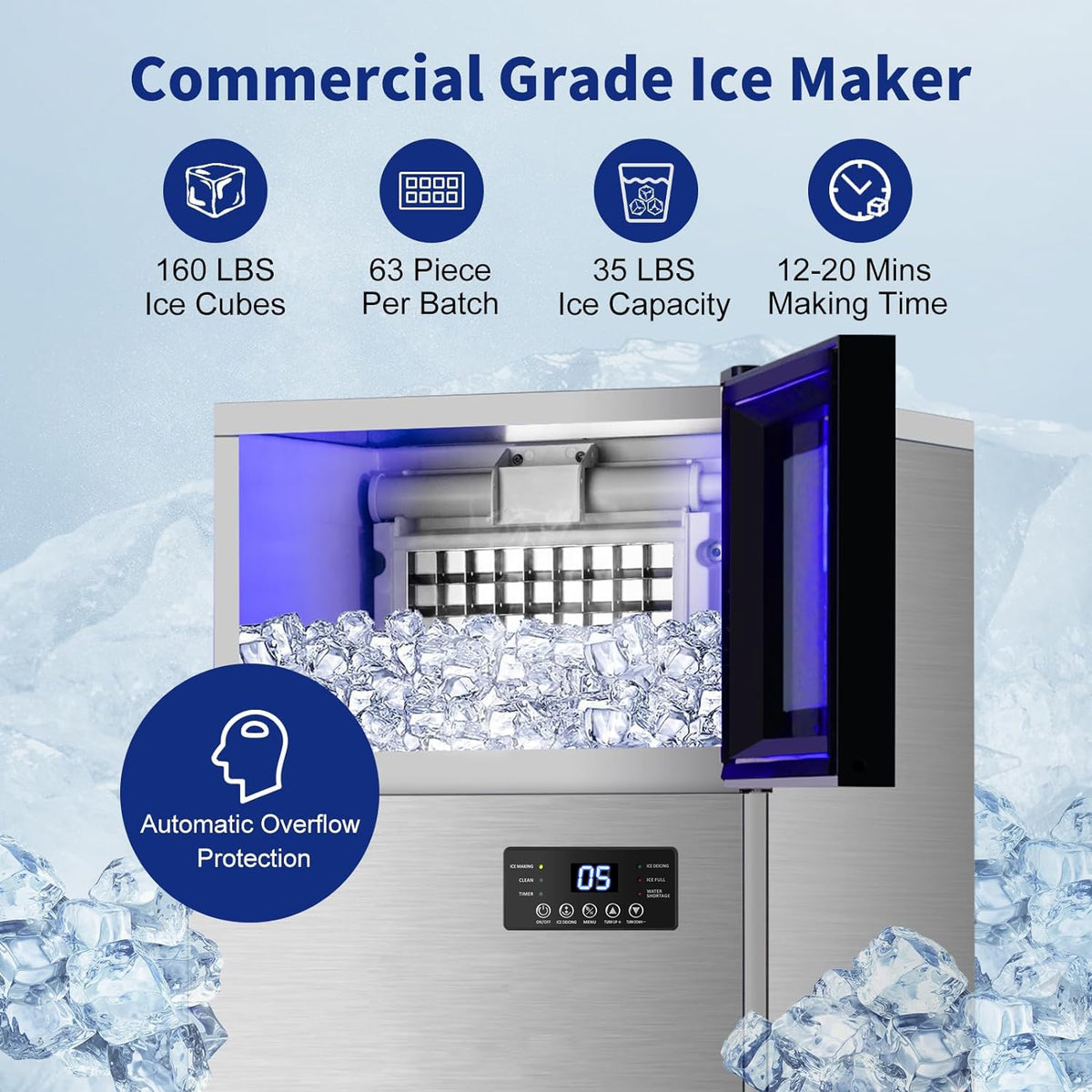 Commercial Ice Maker 160 LBS/24H, Upgraded 15" Wide Undercounter Ice Maker with 35LBS Ice Capacity, Self-Cleaning Stainless Steel Ice Machine, Built-in or Freestanding Large Ice Machine for Outdoor