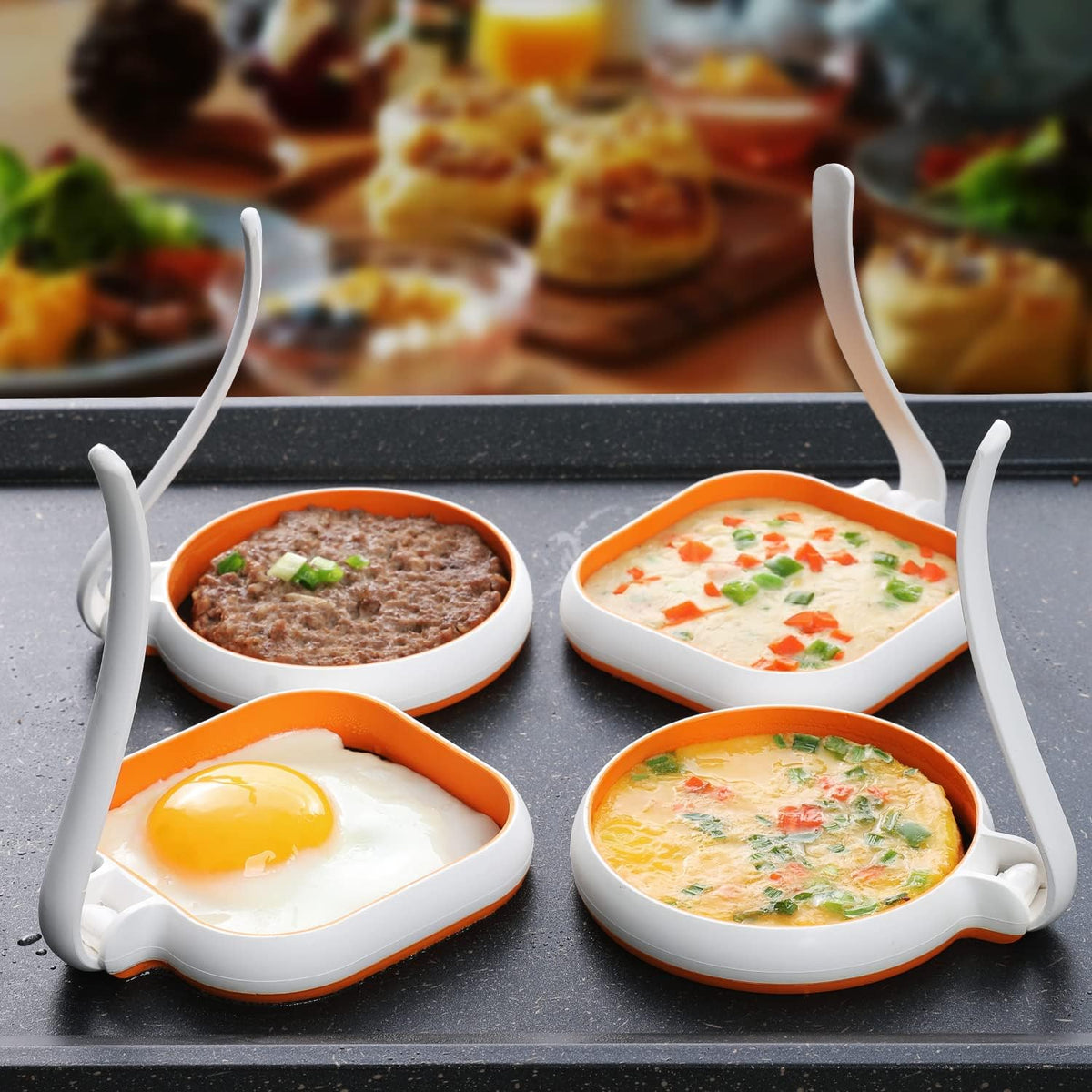 GOYLSER White Food Grade Silicone Egg Rings, 2 Pack Square Egg Rings + 2 Pack Round Egg Molds for Cooking, 4 Pack Fried Egg Shapes