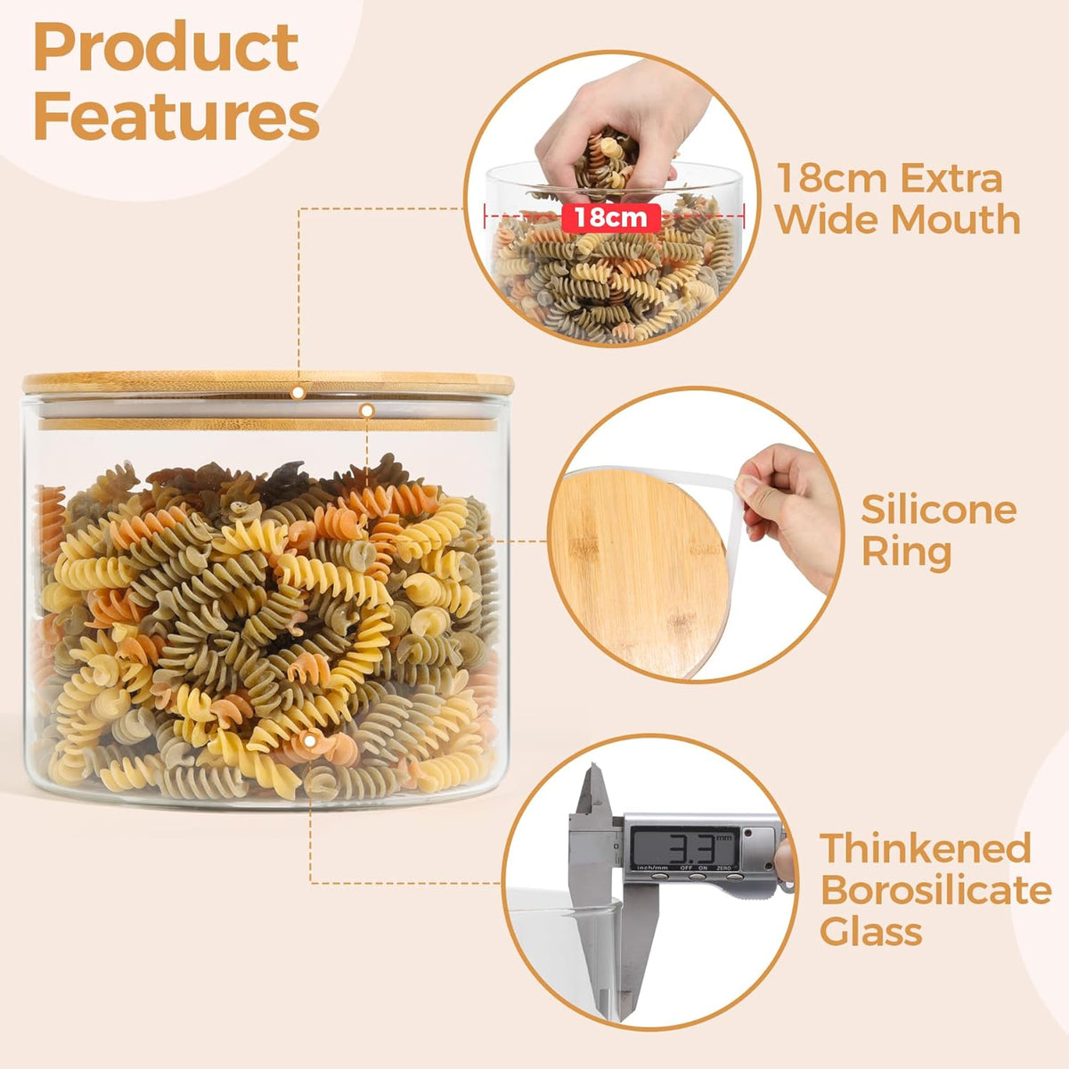 ComSaf Glass Food Storage Containers, 100 oz/44 oz Glass Flour and Sugar Containers with Airtight Lids, 7.1'' Wide Mouth Large Glass Jars with Bamboo Lid for Rice, Pasta, Oats, Grains, Cookie, Candy