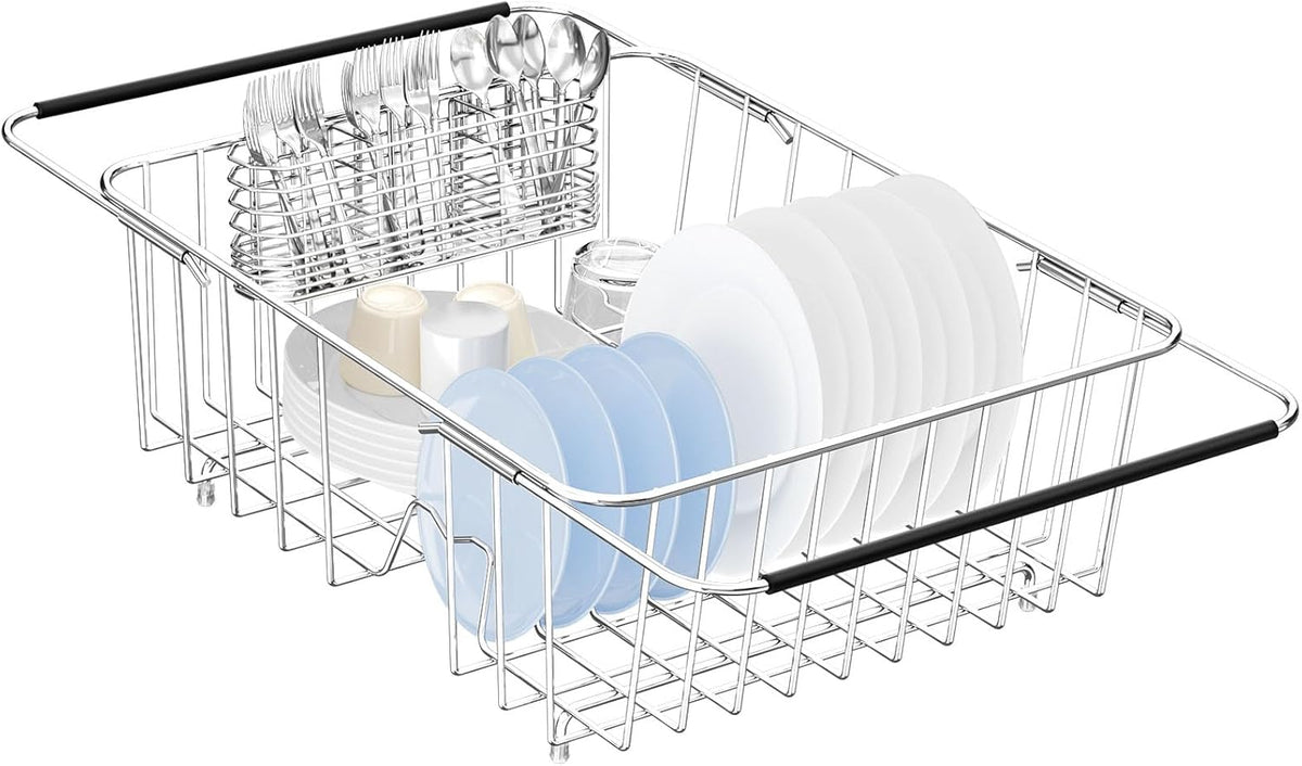 Large Dish Drying Rack in Sink Expandable, Adjustable304 Stainless Steel Metal Dish DrainerRack Organizer with Stainless Steel Utensil Holder Over Inside Sink Counter, Rustproof
