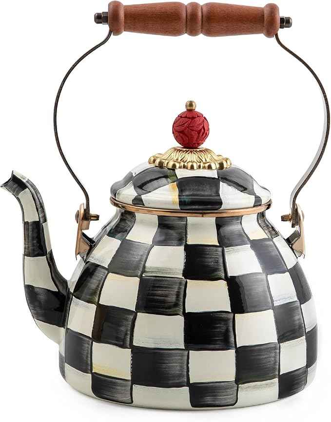 MACKENZIE-CHILDS Enamel Tea Kettle, Stylish Tea Kettle for Stovetop, Black-and-White Courtly Check, 2 Quarts