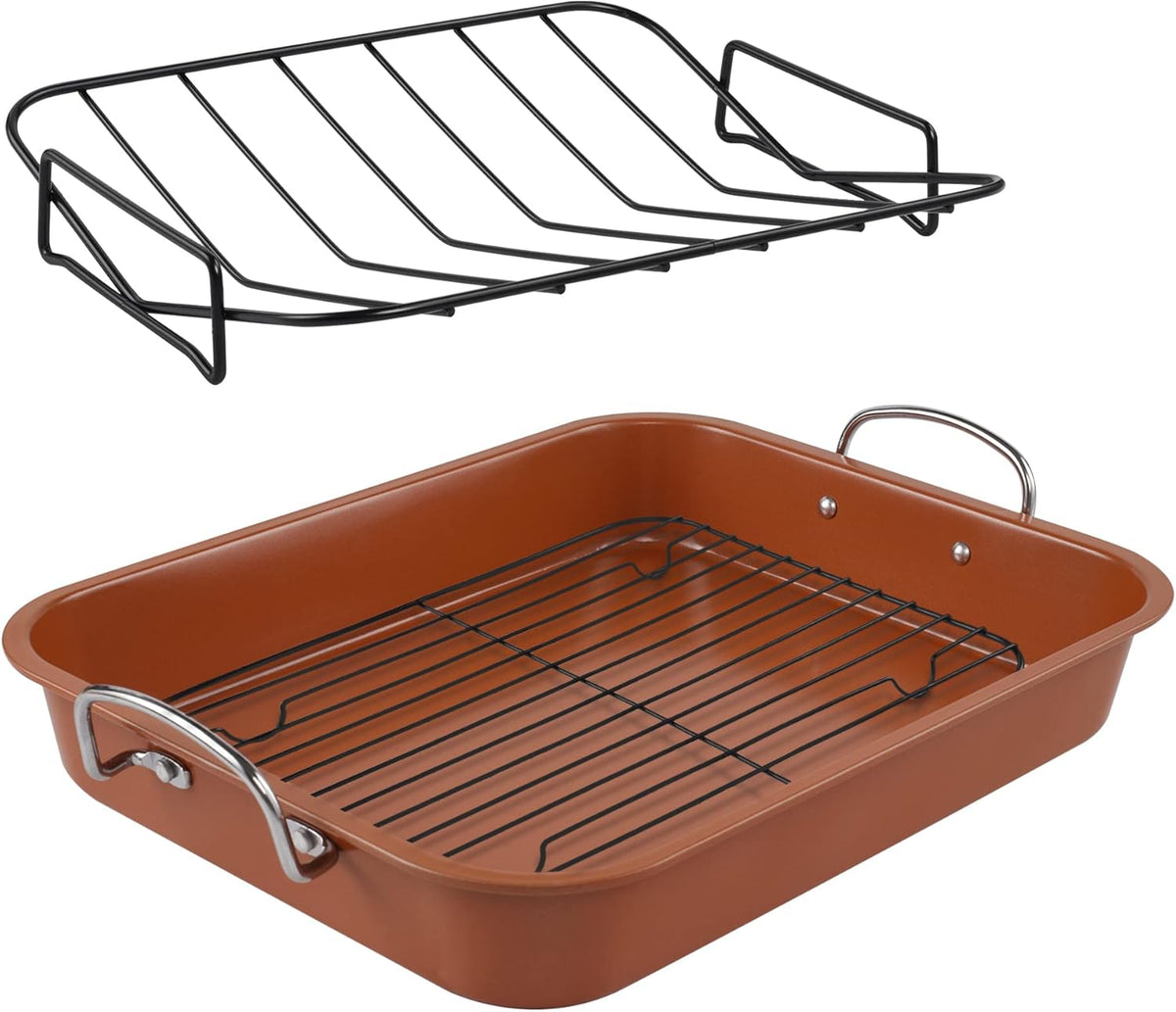 KitCom Nonstick Roasting Pan, Roaster with Cooling Rack and V-Rack - 16 Inch Rectangular Turkey Roaster Lasagna Pan for Easter, Thanksgiving & Christmas, Dishwasher Safe, Bronze