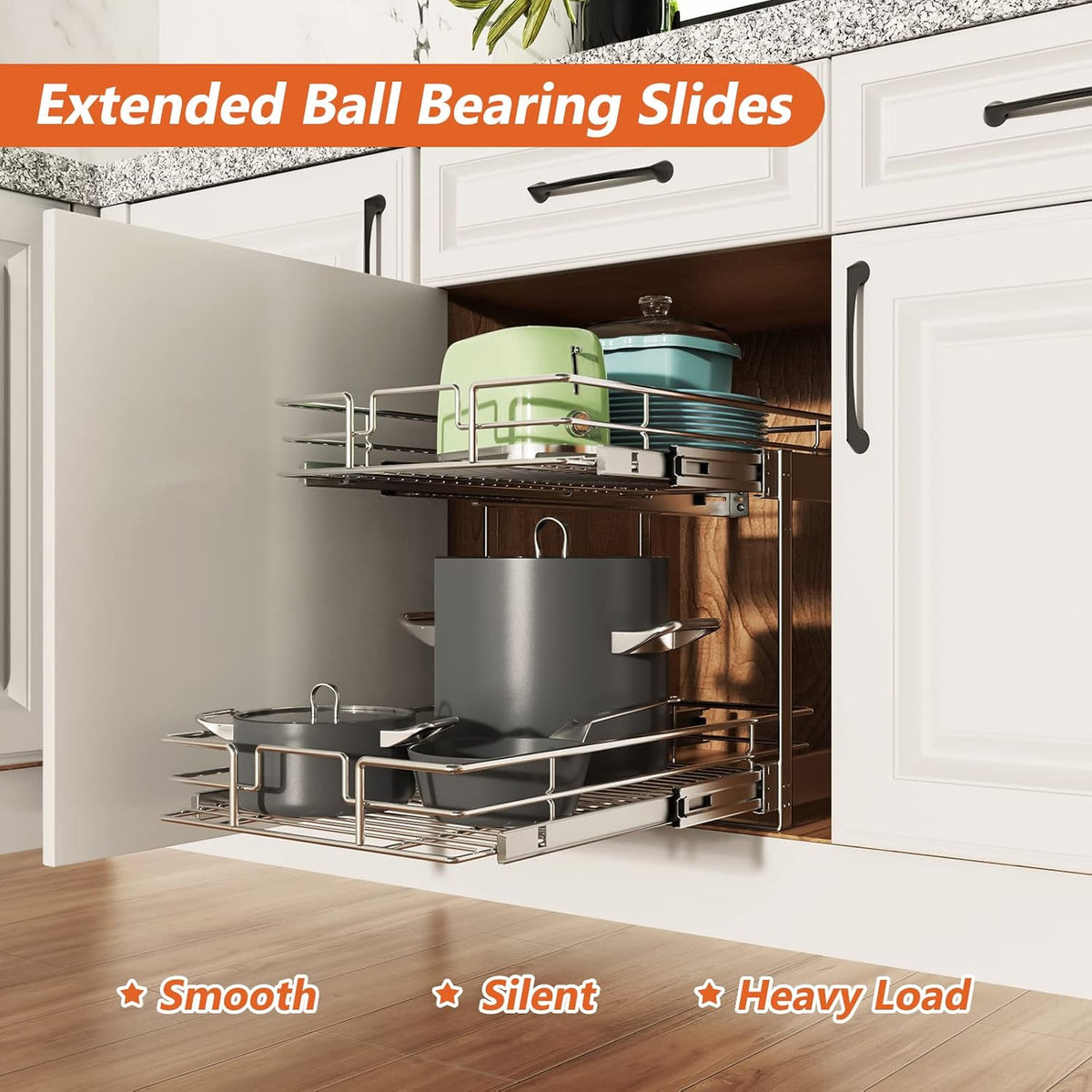 ROOMTEC Individual Pull Out Cabinet Organizer (17" W x 21" D), 2 Tier Spice Rack Organizer for Cabinet, Slide Out Drawer Pantry Shelf Organization and Storage for Kitchen Bathroom