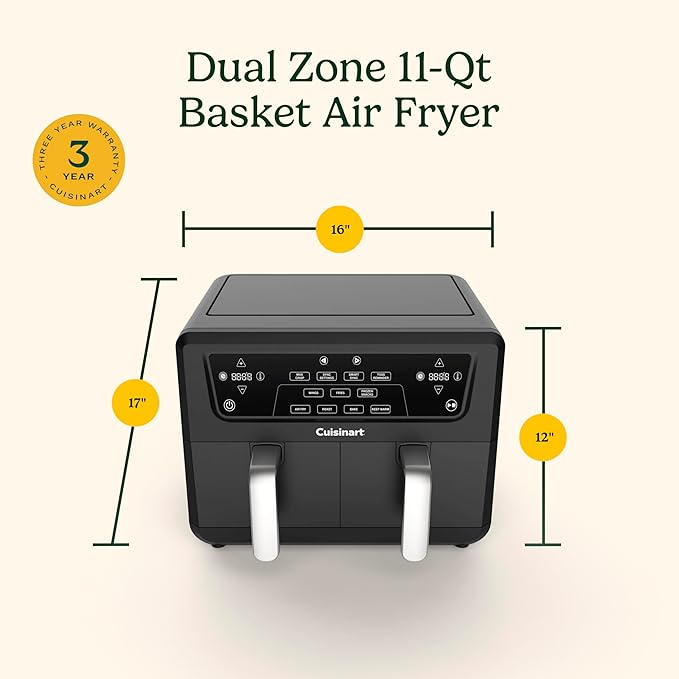 Cuisinart Dual Basket Air Fryer, Two Baskets Totals 11 QT, 4 Function Air Fryer to Air Fry, Roast, Bake & Keep Warm, Features Sync Finish & Settings, Toss Reminder, Automatic Warm Mode & Auto-Pause