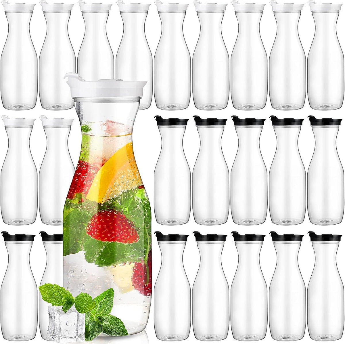 Gejoy 24 Pcs Plastic Water Carafe with Lids 32 oz Clear Juice Pitchers for Mimosa Bar Drinks Milk Iced Tea Beverage Containers for Home Restaurant School Fridge, Not Dishwasher Safe (White,Black Cap)