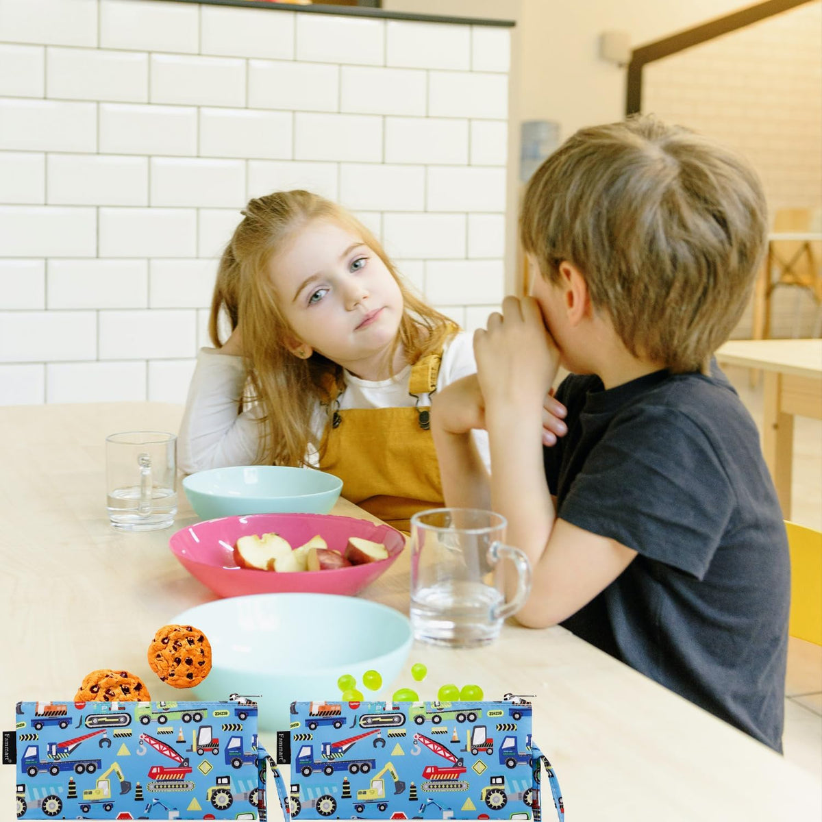 Reusable Sandwich Bag/Snack Bag for Kids & Adults, Dual Layer Lunch Bag with Handle, Washable, Food Safe, BPA Free (2-Pack, Car)