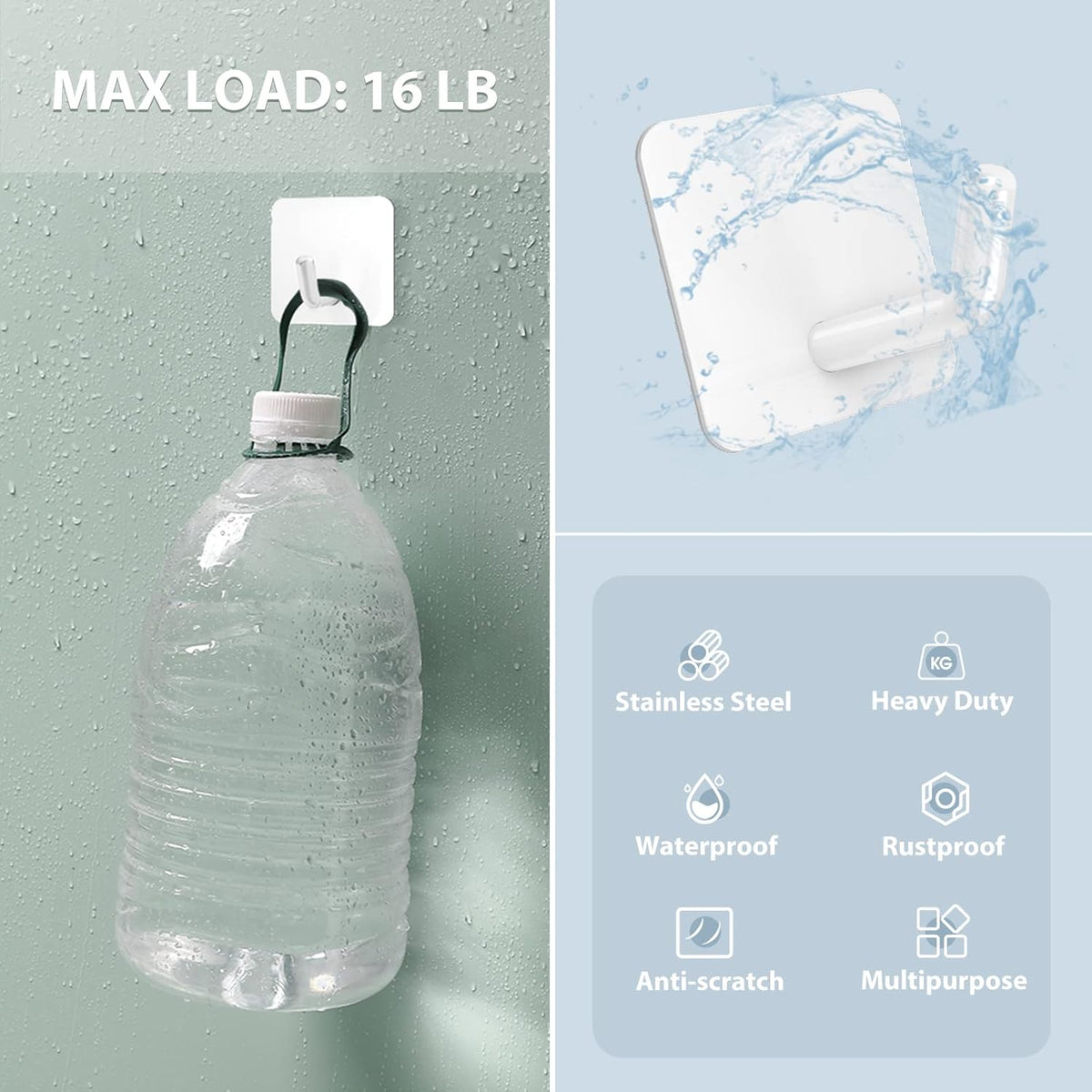 VIS'V Adhesive Hooks, Heavy Duty Shower Wall Stick on Hooks, Waterproof, White, 6 Pcs