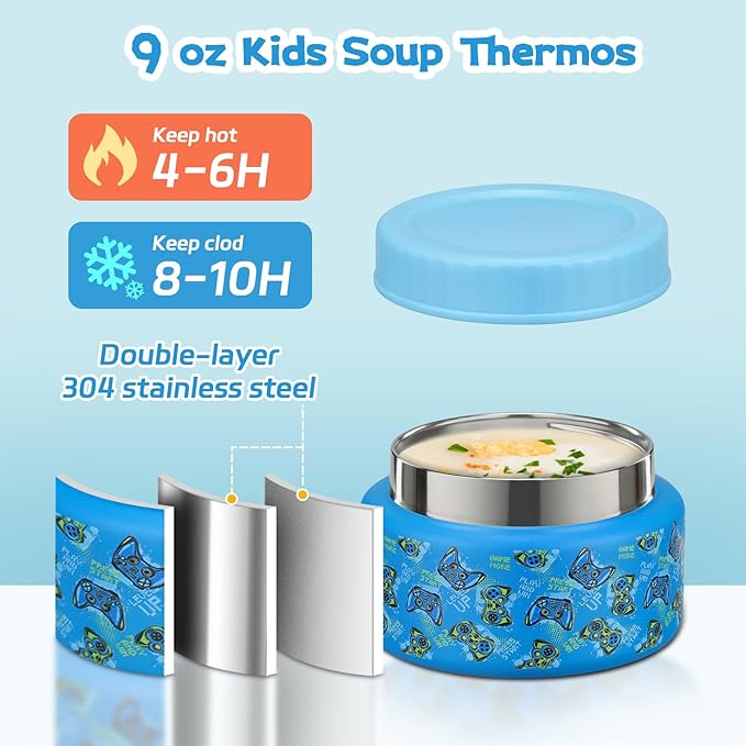 Bento Lunch Box Kids and 9oz Soup Thermos – 5.5-Cup Leakproof Kids Bento Box with Ice Pack & 9oz Insulated Food Jar – Hot & Cold Food Lunch Container for Boy Girl School, Blue Set
