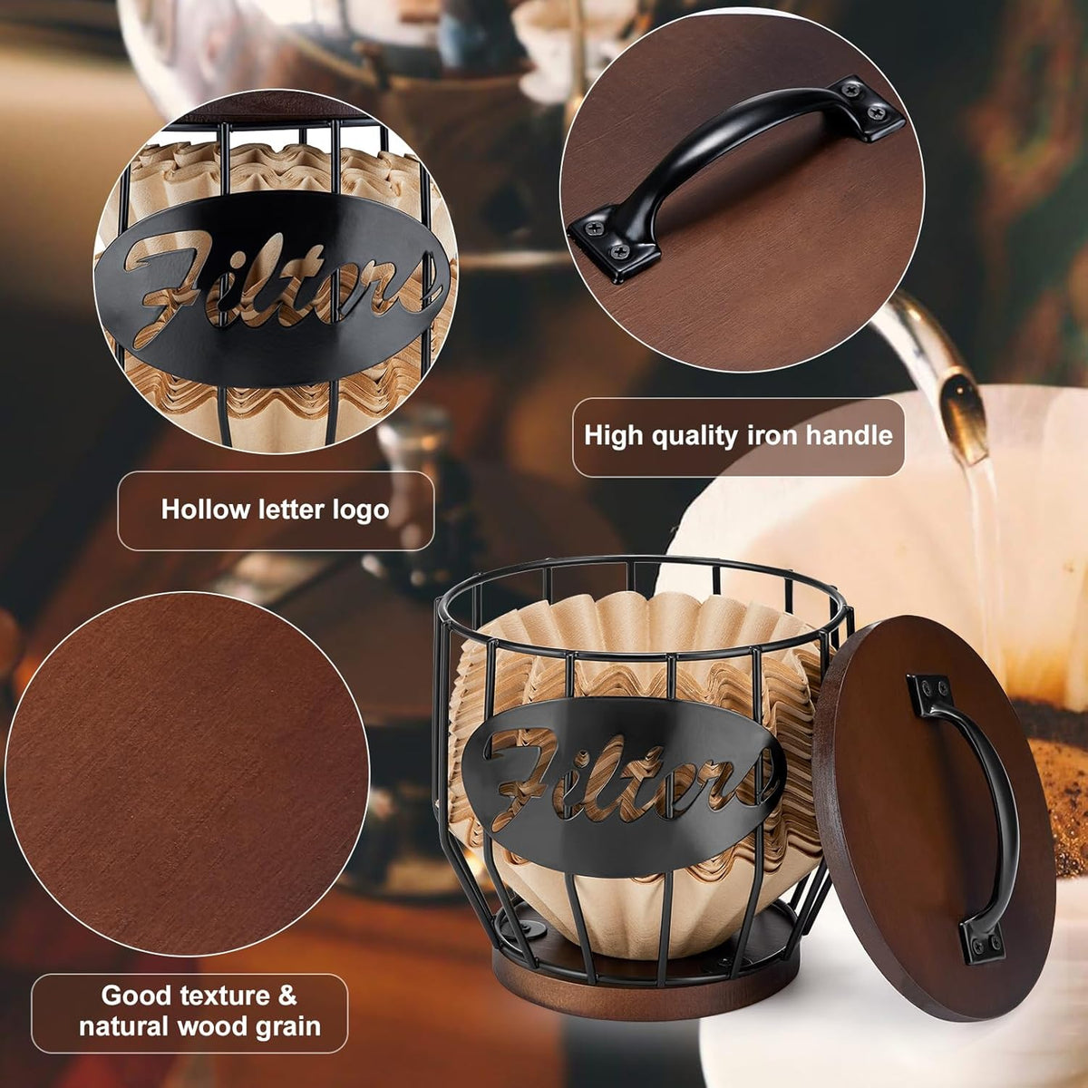 Yangbaga Coffee Filter Holder with Wood Lid,Wood and Metal Coffee Filter Storage Container Basket for Coffee Filters 2-4 Cup,Round Coffee Filter Holder Case for Counter,Coffee Bar Accessories decor