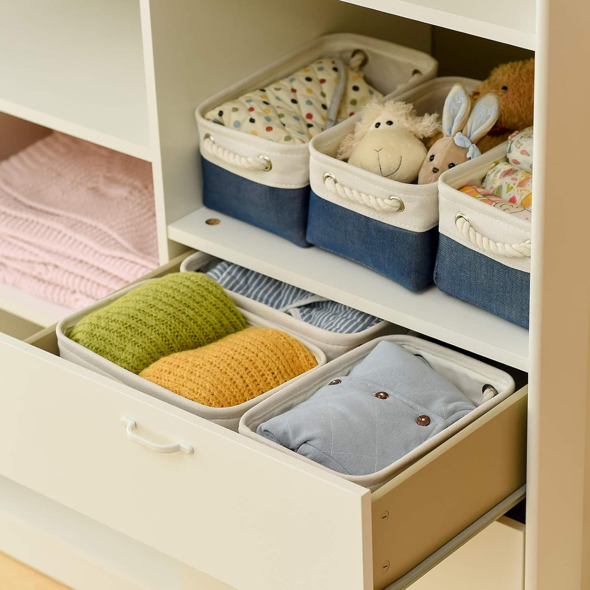 Storage Basket for Organizing - 12x8x5.2 inch Small 6 Pack Fabric Storage Bin Collapsible Baskets for Shelves with Rope, Storage Box for Cloth Decorative Laundry Canvas(White & Blue)