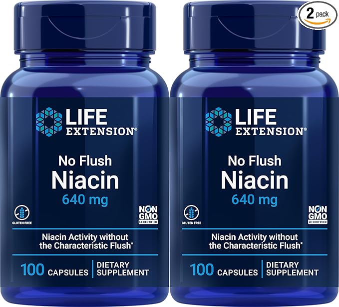 Life Extension No Flush Niacin 640 mg, 100 Capsules (Pack of 2)