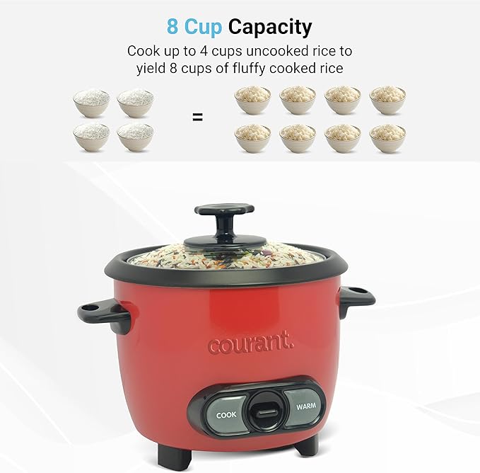Courant Rice Cooker 8-Cup (Cooked), Removable Non-Stick Bowl, One Touch Rice Cooker, Red