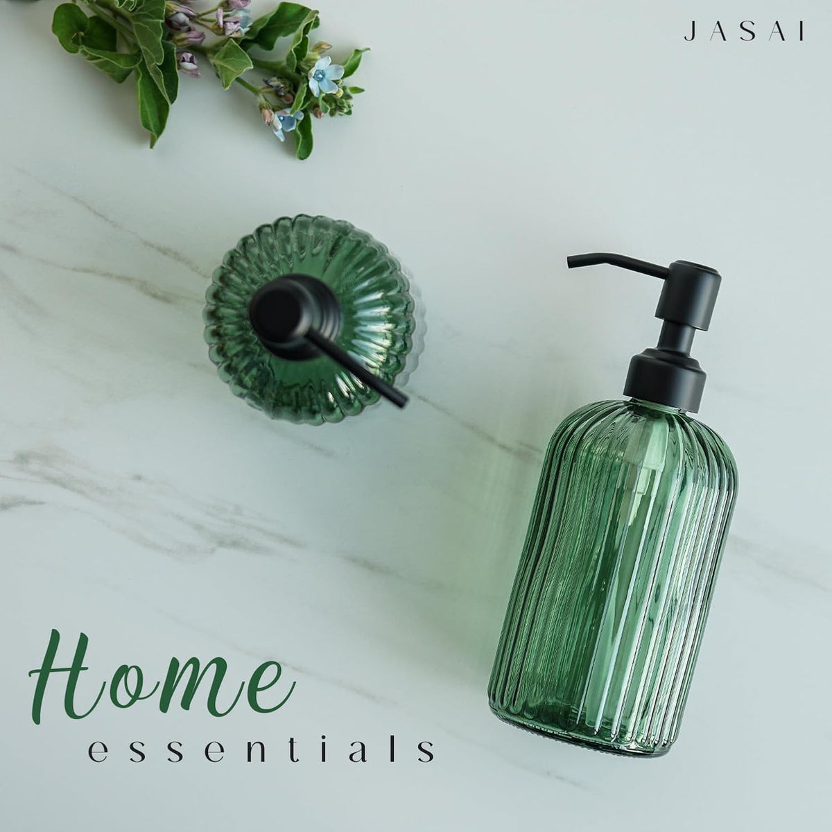 JASAI 18Oz Green Glass Soap Dispenser with Black Rust Proof Pump, Refillable Bathroom soap Dispenser with Thick Glass, Soap Dispenser Bathroom for Kitchen Dish soap, Hand Soap, Lotion, Body Wash.