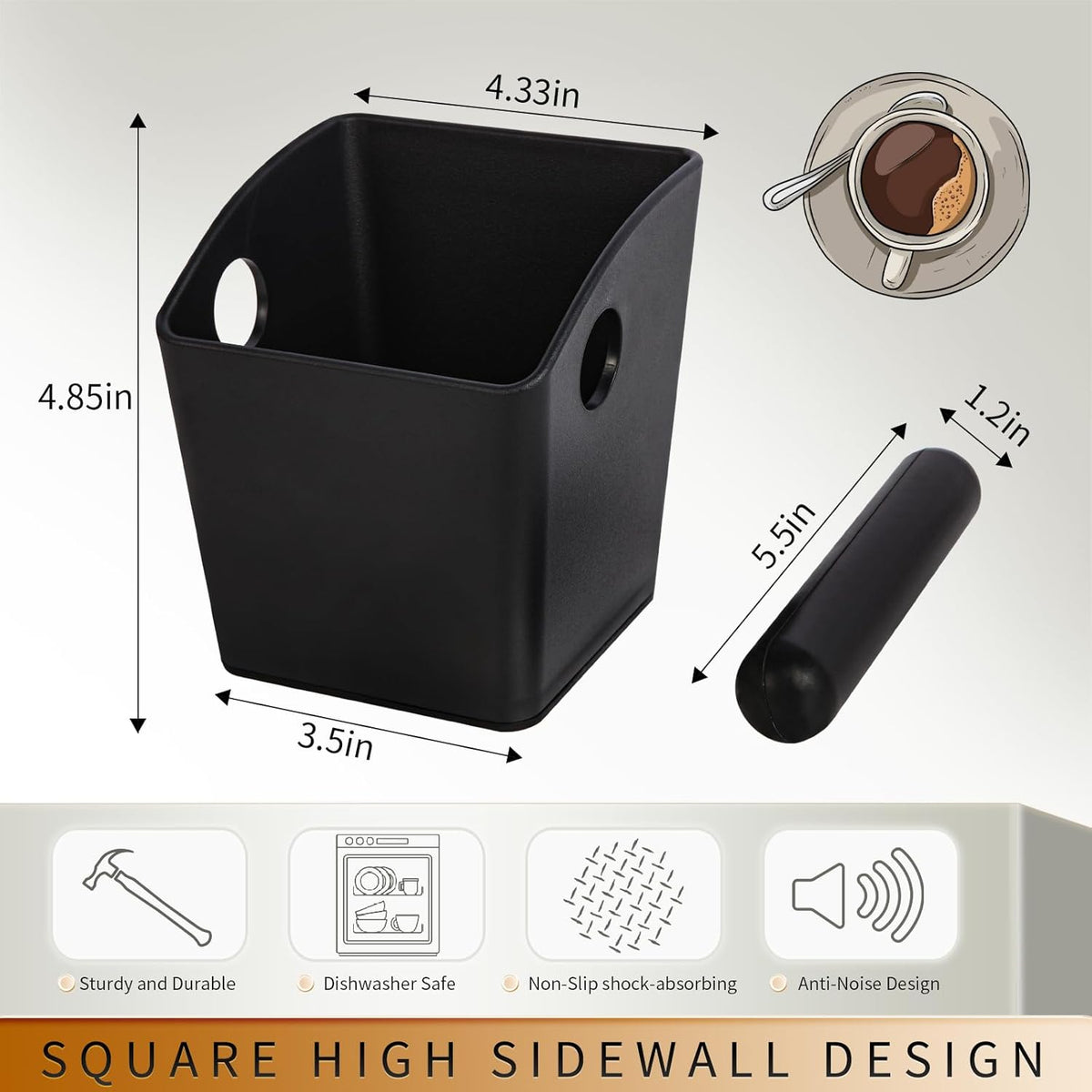 Espresso Knock Box Square High Side Wall Splash Prevention Design Knock Box Shock Absorbing Non Slip Knock Box Espresso With Removable Knock Bar Espresso Accessories for Home/Office