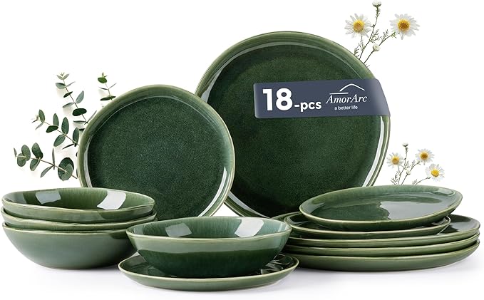 AmorArc Ceramic Dinnerware Sets,Handmade Reactive Glaze Stoneware Plates and Bowls Set,Highly Chip and Crack Resistant | Dishwasher & Microwave Safe Dishes Set,Service for 6 (18pc)