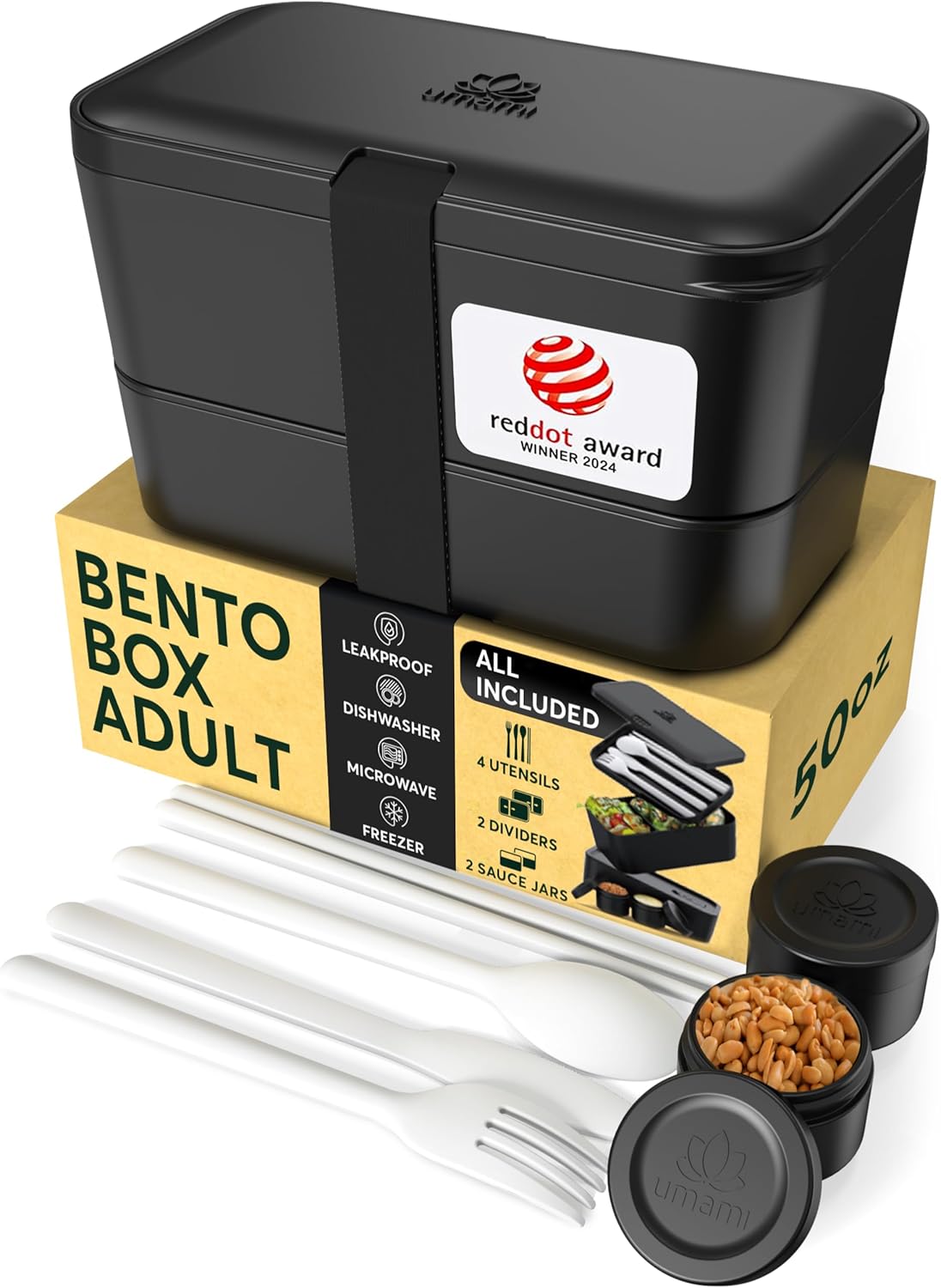 Umami Bento Box w/ 4 Utensils, 2 Sauce Jars, Nestable Space-Saving Lunch Box Containers, 100% Leakproof, Microwavable Lunch Containers for Adults, Design Award Winner, Onyx Black, 50 oz