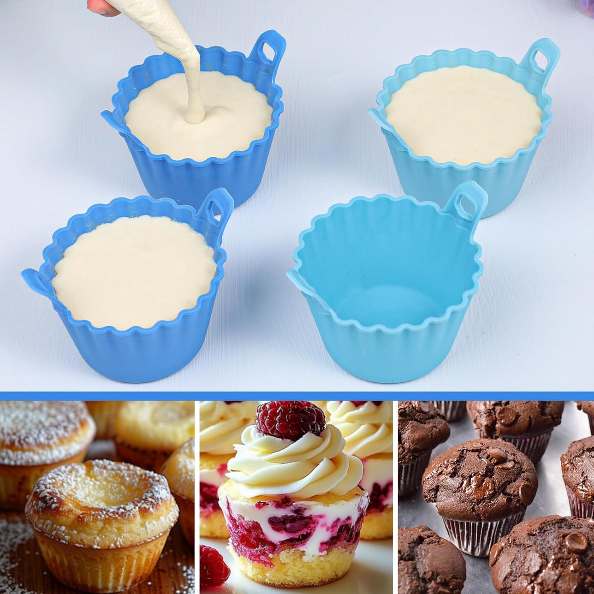 Koluti Reusable Silicone Baking Cups Set of 4, Nonstick Muffin Cupcakes Mold with Double Handle, BPA Free, Small Round Air Fryer Cupcake Liners, 2 Color