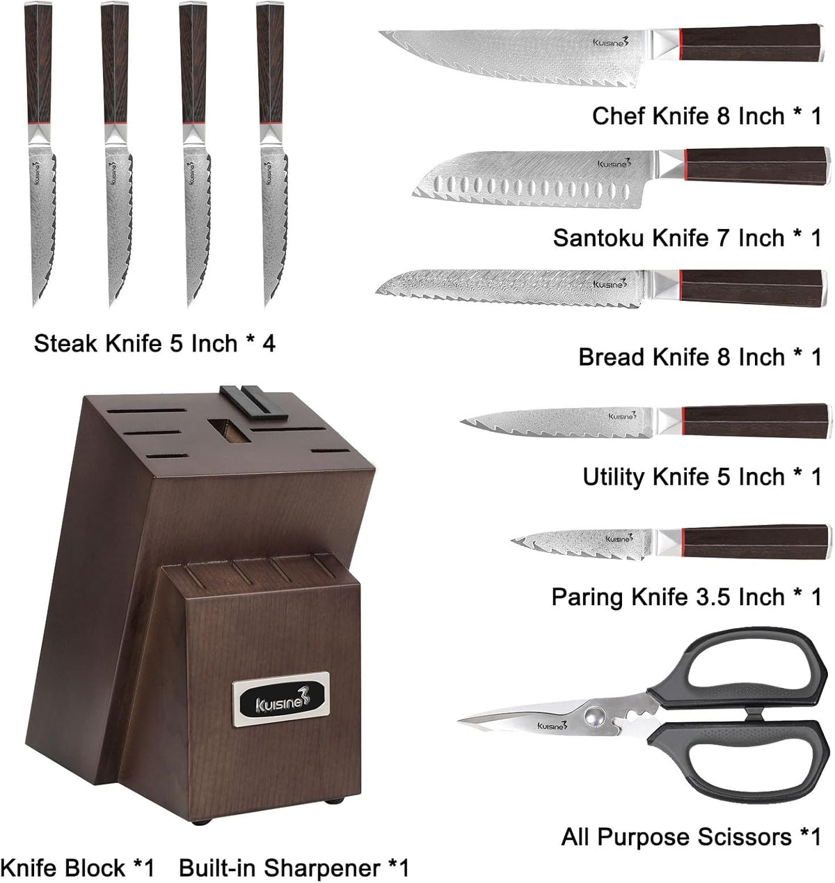 Kuisine Kitchen Knife Set,Damascus Steel Ultra Sharp, Ergonomic Non-slip Wood Handle, Chef Knife Block Set with Built-in Sharpener,Luxury Gift for Holiday(Silver, 12PCS)
