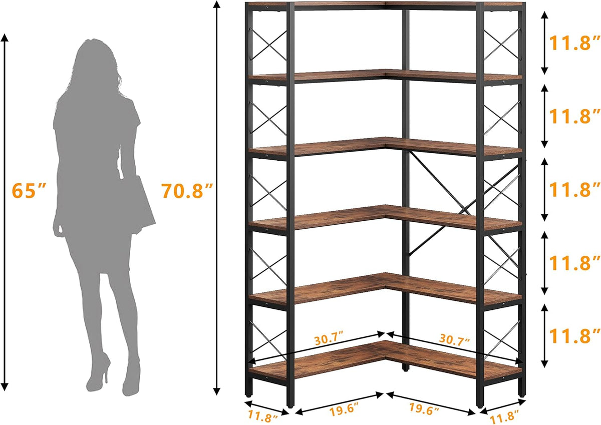 6-Shelf Corner Bookshelf, Vintage Industrial CornerBookshelf Etagere Bookcase, Large Book Shelf with Metal Frame Open Storage Corner Cabinet for Living Room Home Office（Retro Brown）