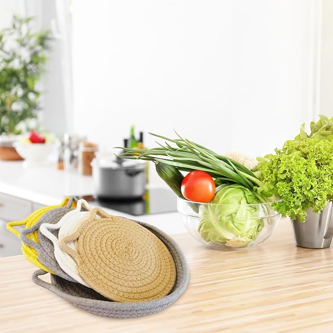 UKJENT 7" Trivets for Hot Dishes - 4 Pcs Cat Shaped Cotton Trivet Mats with Storage Basket, Heat Resistant Hot Pads Pot Holders for Hot Pots & Pans, Kitchen Counter Farmhouse Table Decor Essentials