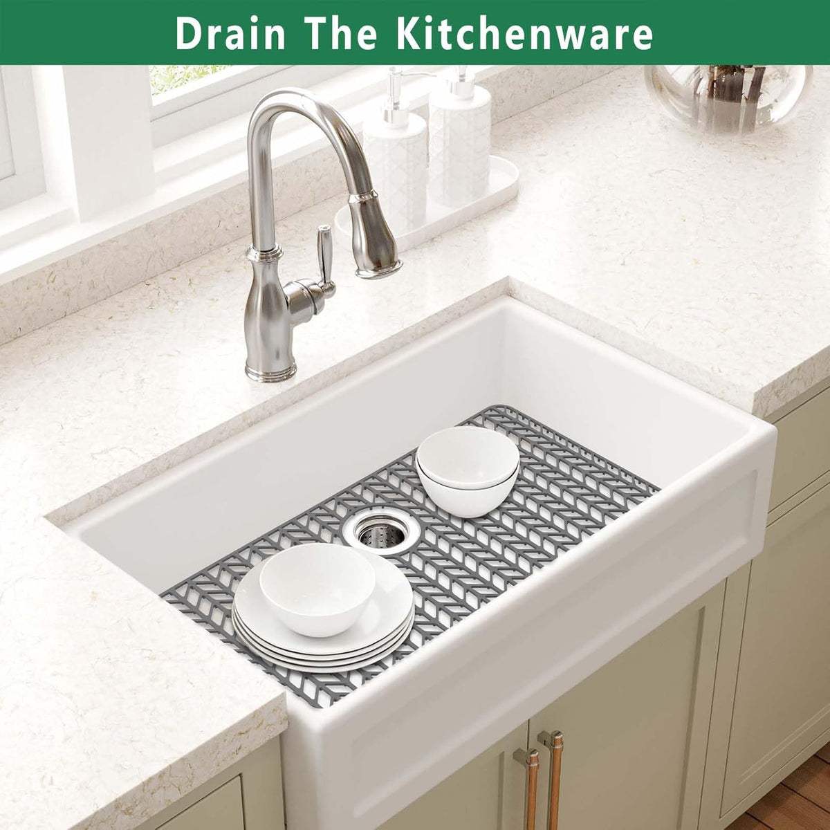 GUUKIN Sink Protectors for Kitchen Mat -30"x 16" Silicone Kitchen Sink Mat Grid for Bottom of Farmhouse Stainless Steel Porcelain with Rear Drain（Grey