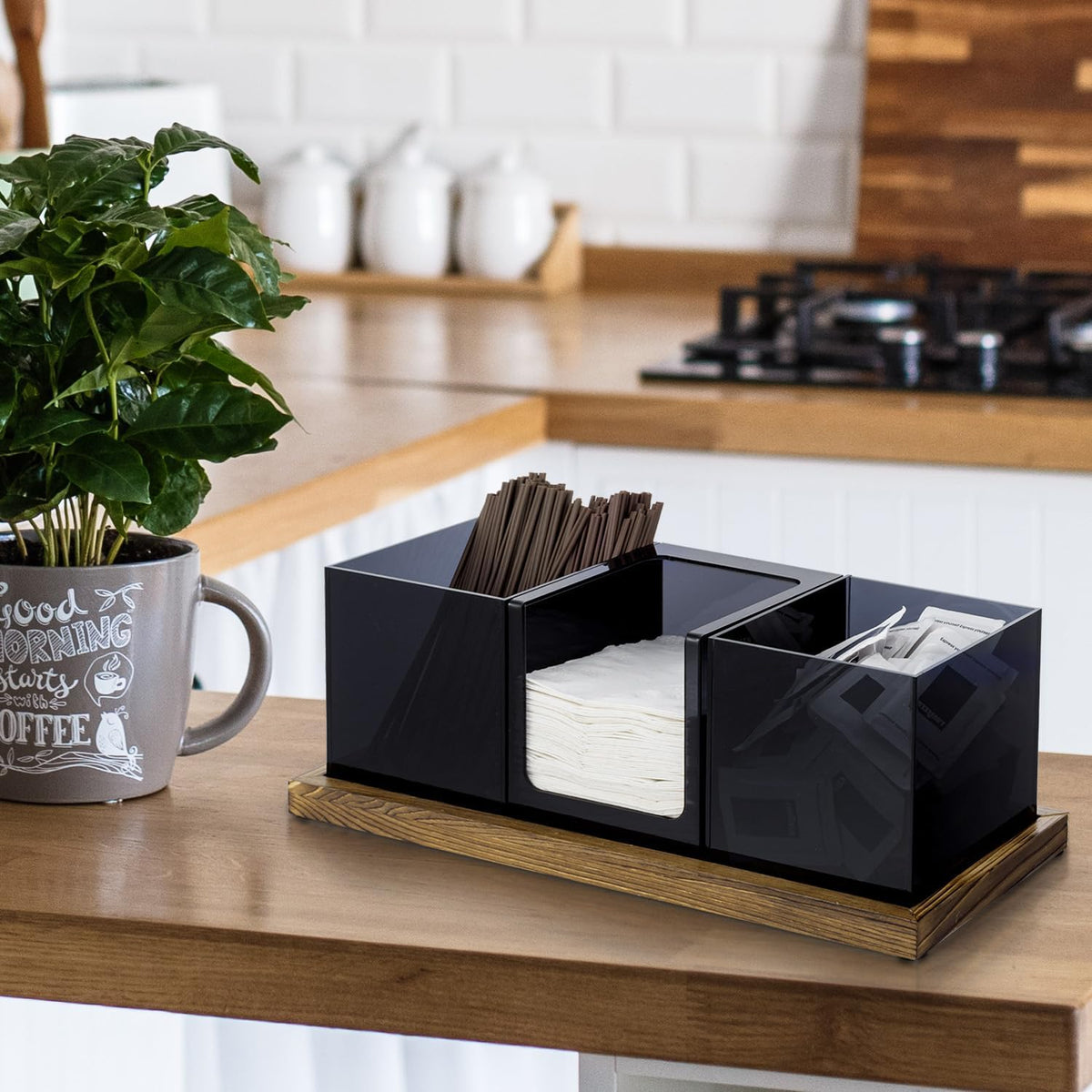 MyGift Modern Acrylic Coffee and Tea Station Organizer with 3 Removable Premium Translucent Black Acrylic Compartments and Rustic Burnt Solid Wood Decorative Tray, 4 Piece Set