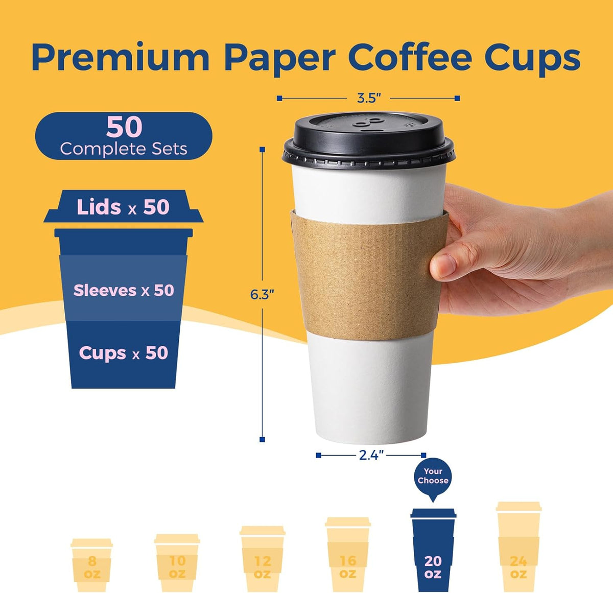 Fit Meal Prep 50 Pack 20 oz Disposable Coffee Cups with Lids, Sleeves, Leak-Proof To Go Coffee Cups with Lids, Durable Paper Cups for Hot Beverage, Home, Office, Party