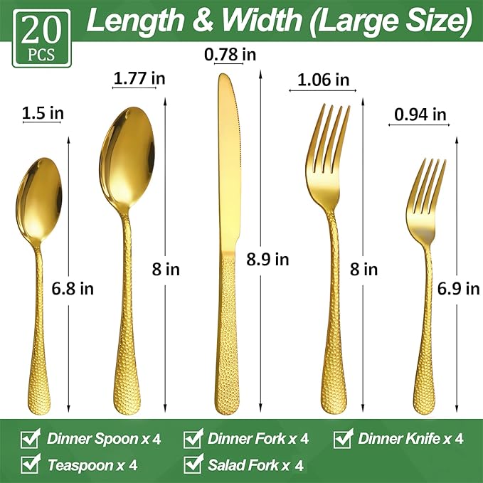 20 Pcs Gold Silverware Set for 4 with Hammered Design, Food Grade Stainless Steel Flatware Set, Eating Utensils Sets Include Fork/Knife/Spoon, Cutlery Set, Dishwasher Safe