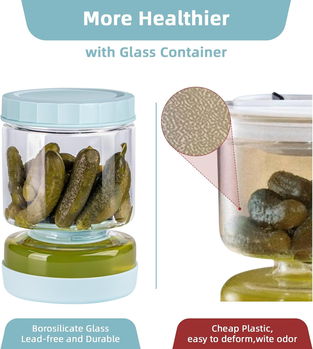 WhiteRhino Glass Pickle Container with Strainer Flip, 51oz Hourglass Pickle Flip Jar, Leakproof Storage, Separates Juice for Olives, Onions, Gherkins