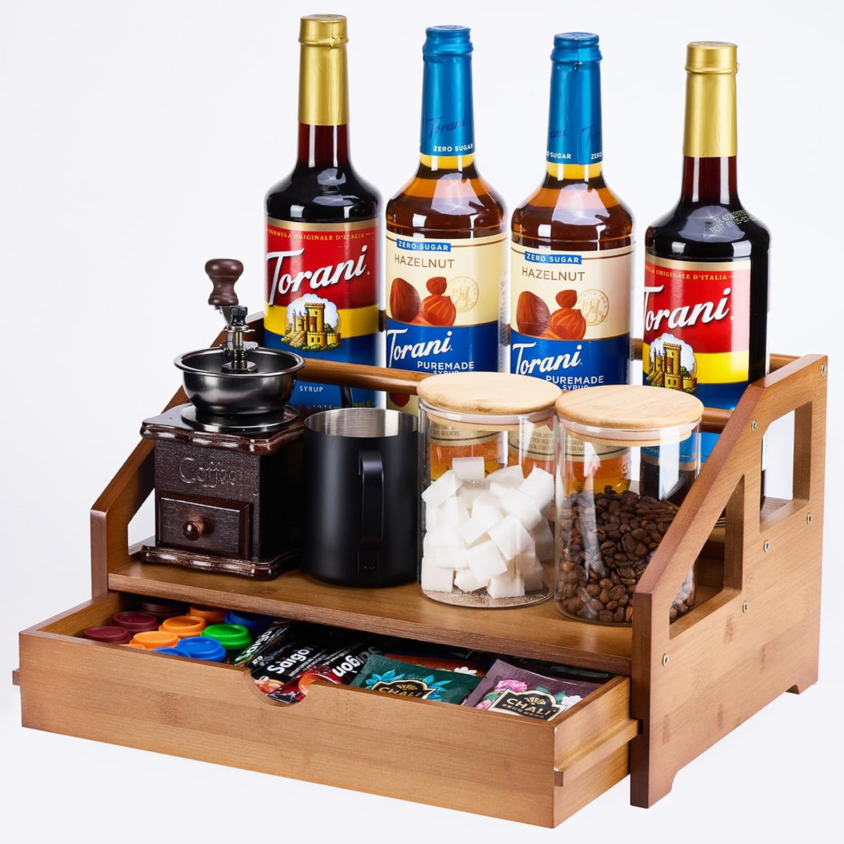Bamboo Coffee Syrup Rack Organizer 3 Tier Coffee Syrup Rack with Cup Storage Box for Coffee Bar,Syrup Bottle Holder Stand for Syrup,Wine,Dressing for Kitchen Coffee Station,Brown