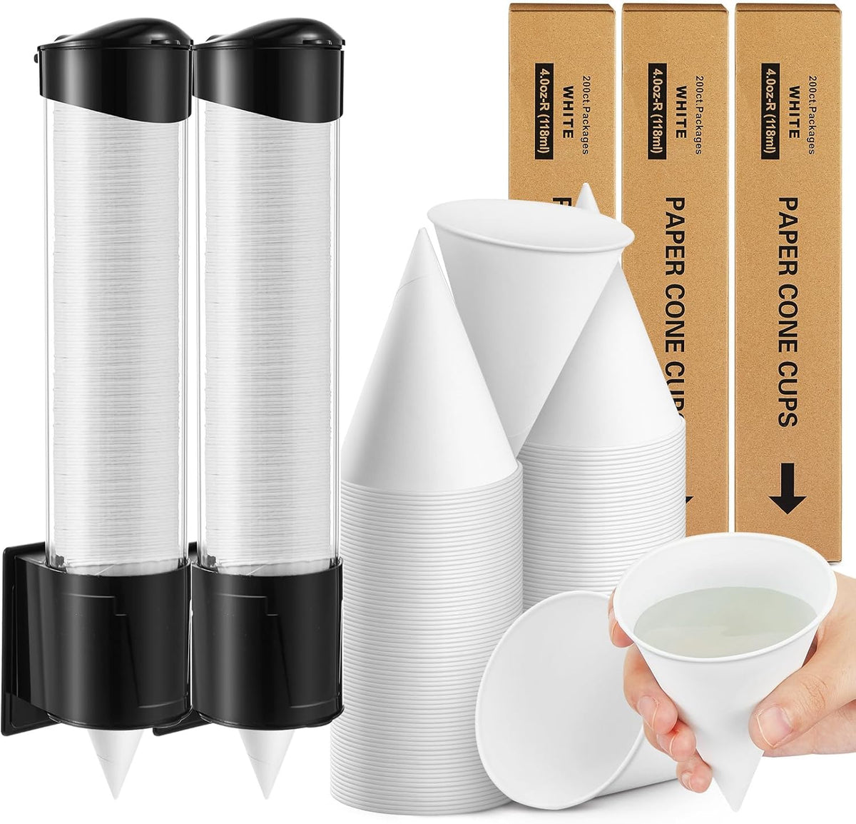 Roshtia 600pcs 4 oz Paper Cone Cups Thicken Disposable with 2 Cups Dispenser Pull Type Wall Mount Cup Holder Paper for Restaurants, Home, and Office, and Shaved Ice, Cold