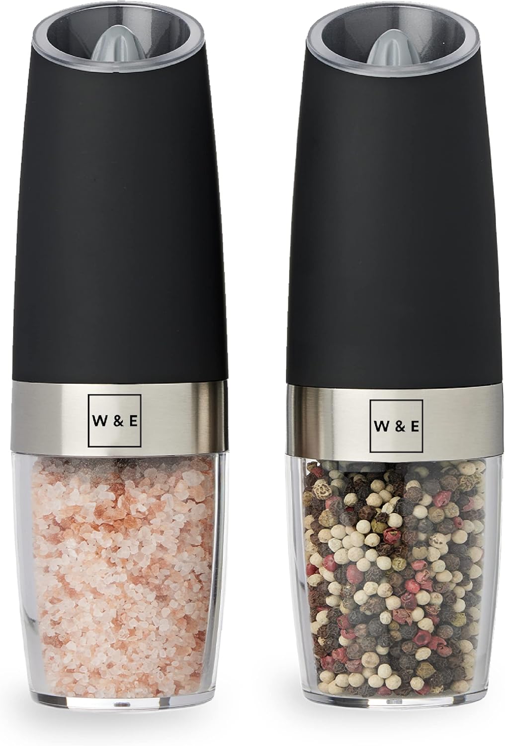 Willow & Everett Electric Salt and Pepper Grinder Set - 2 Battery-Operated, Automatic Salt and Pepper Shakers - Black and Stainless Steel Gravity Electric Salt Grinder & Pepper Mill for Seasoning