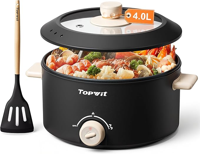 TOPWIT Hot Pot Electric, 4L Electric Pot with Non-Stick Coating, Dual Power Electric Cooker for Deep Frying, Steak, Pasta, Multi-Functional Large Capaity Shabu Shabu Pot for Party, Dark Black