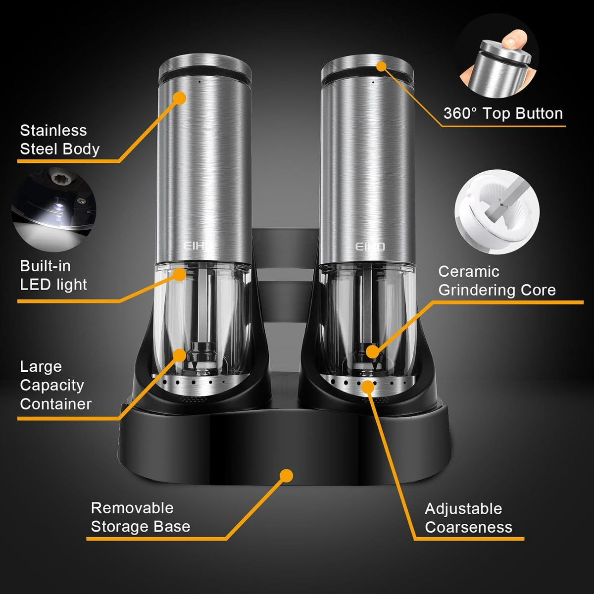 EIHO Electric Salt and Pepper Grinder Set USB Rechargeable, Upgraded External Adjustable Coarseness, Stainless Steel Automatic Salt and Pepper Shakers Mills with LED Light, House Warming Cooking Gifts