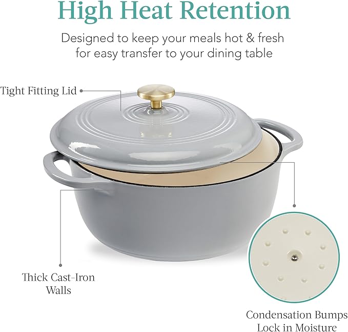 Best Choice Products 7.5 Quart Enamel Cast-Iron Round Dutch Oven, Family Style Heavy-Duty Pre-Seasoned Cookware for Home, Kitchen, Dining Room, Oven Safe w/Lid, Dual Handles - French Gray