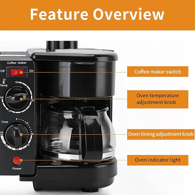 3-in-1 Breakfast Machine with Coffee Maker, Toaster, Non-Stick Griddle, Multi-Function Breakfast Machine with Timer, Kitchen Appliance Ideal for Apartments and Small Kitchens