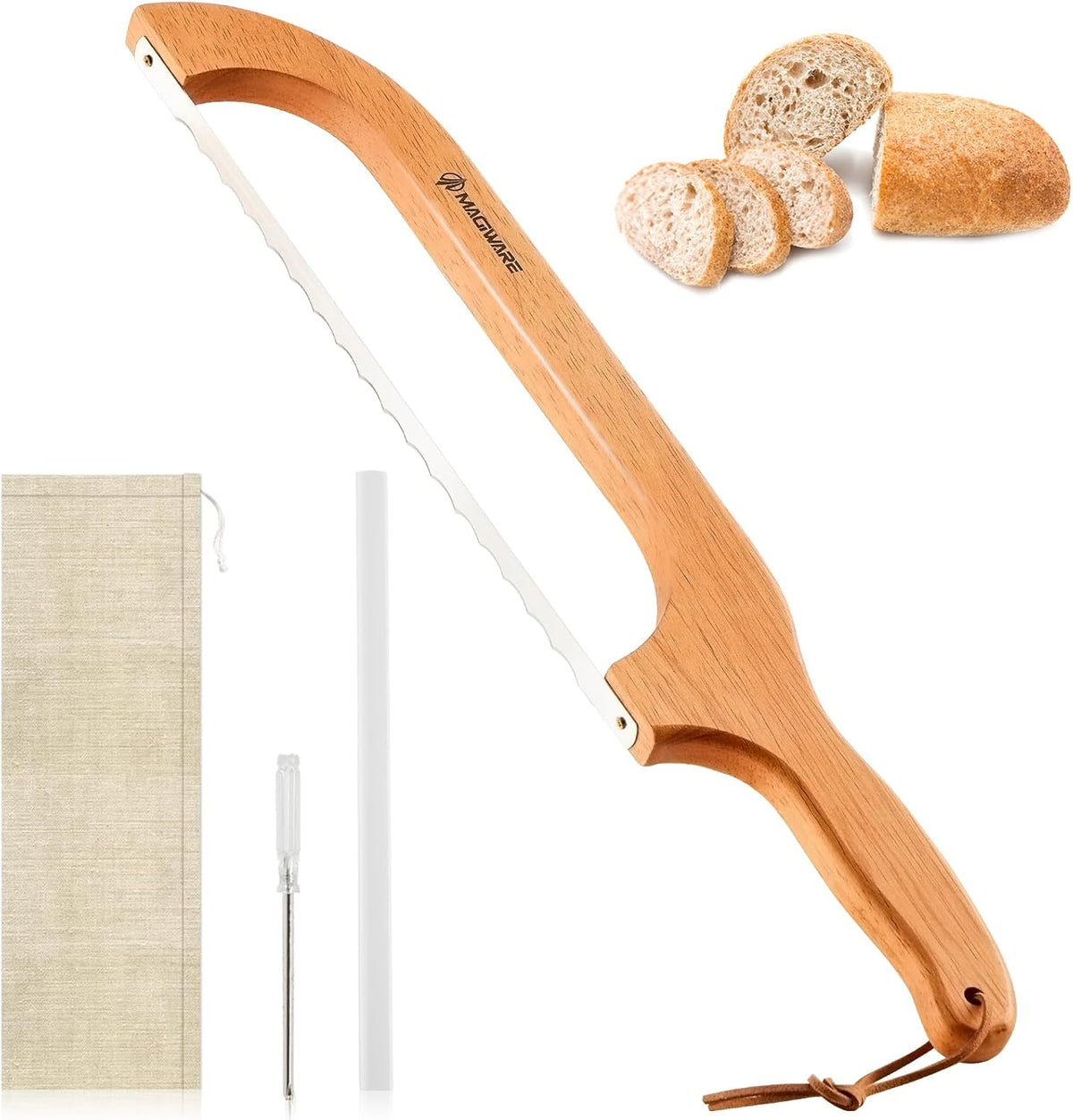 Sourdough Bread Knife, Sharp Bread Slicer for Homemade Bread, Wooden Bread Bow Knife Bread Cutter for Slicing (Natural Oak)