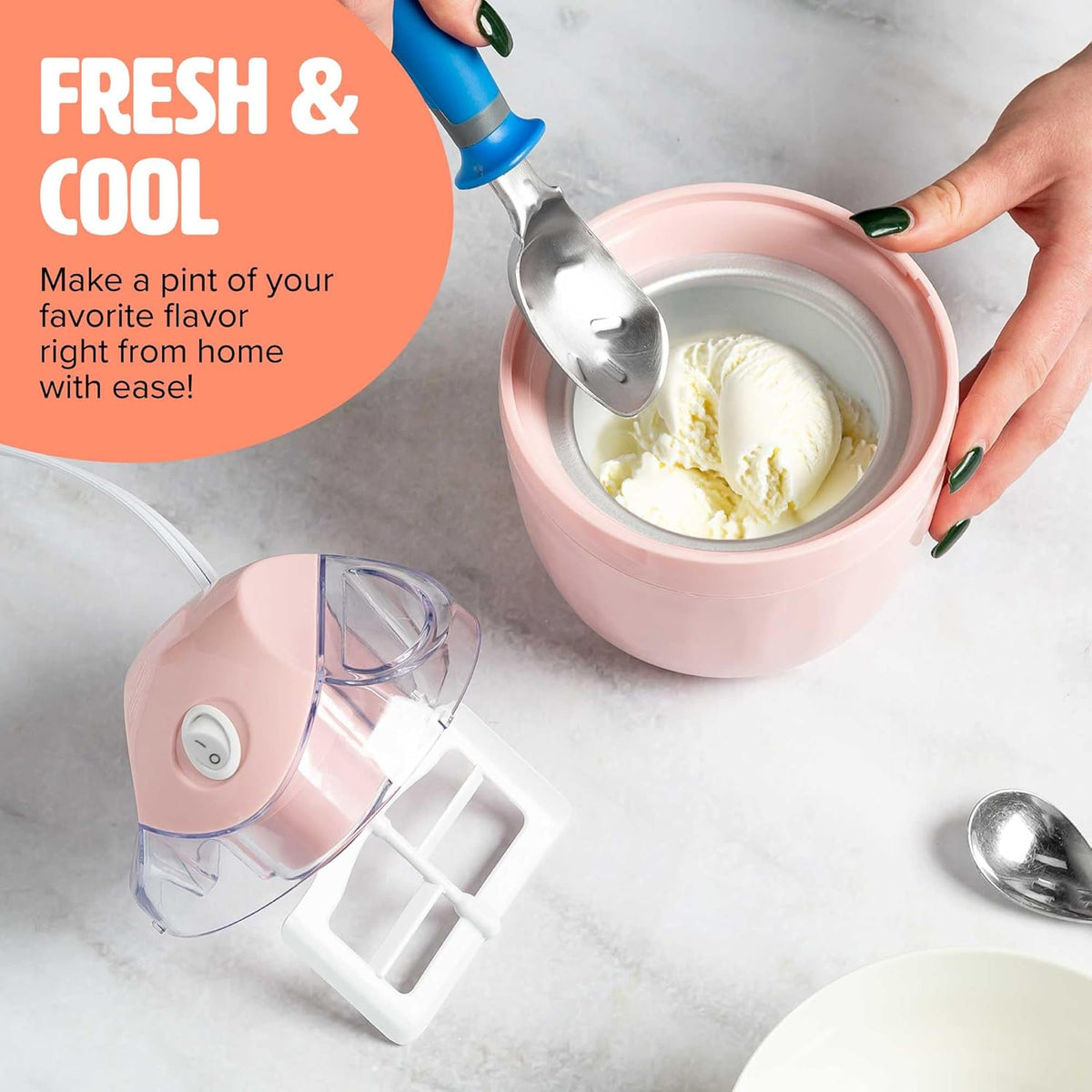 Tasty Mini Ice Cream Maker, Make Ice Cream, Sorbet, Frozen Yogurt, Gelato, Desserts, Quick Results, Pink